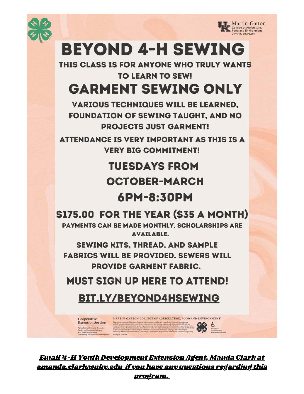 Beyond 4-H Sewing flyer