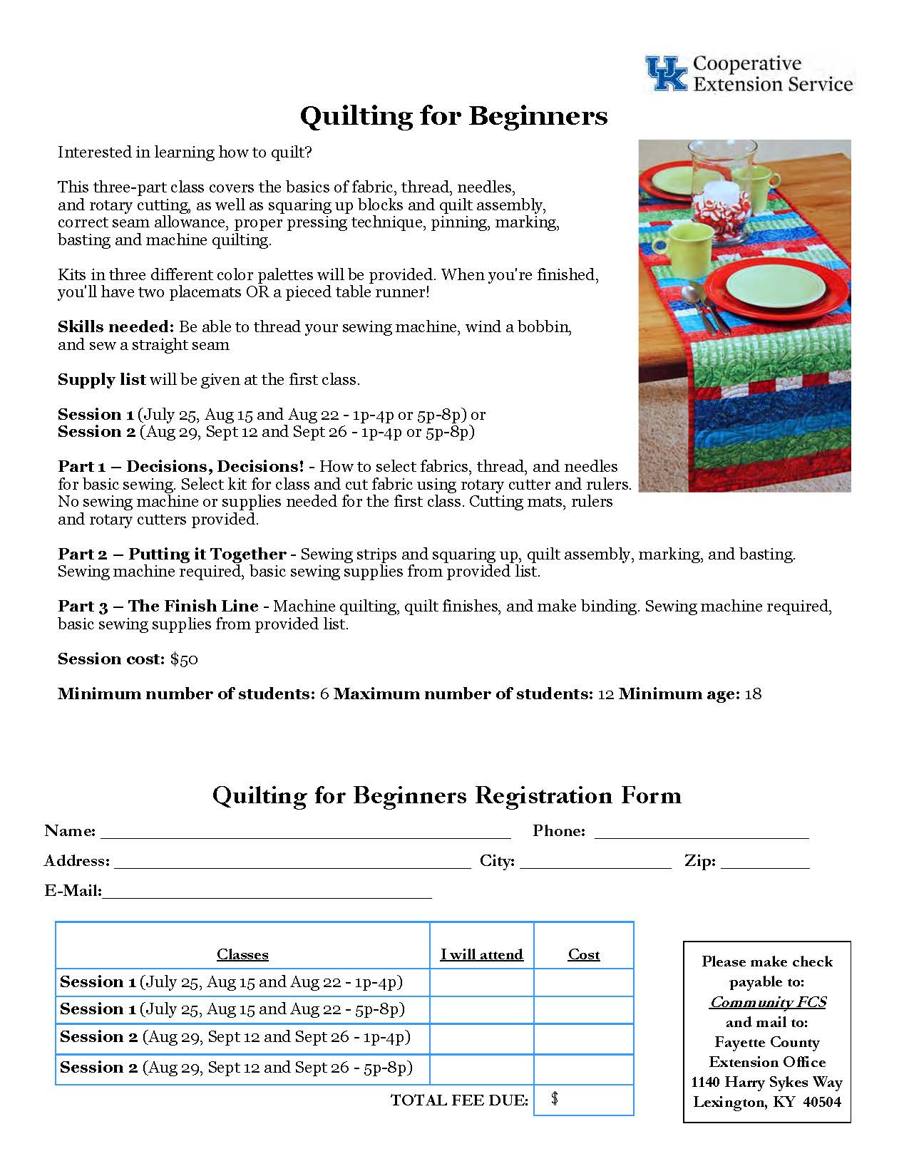 quilting for beginners july 25 and aug 29 start