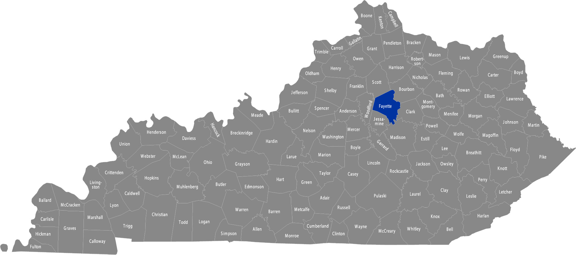 Kentucky map with fayette county highlighted in blue