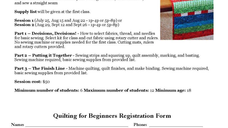 quilting for beginners july 25 and aug 29 start